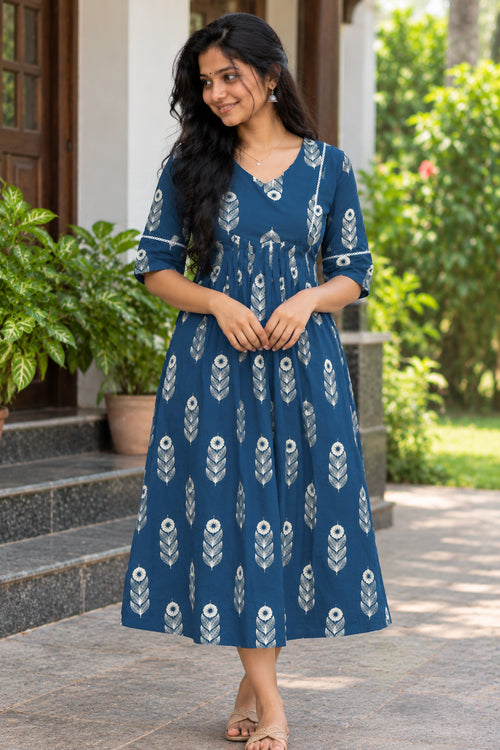Navy Blue  Printed A-line Kurti Top