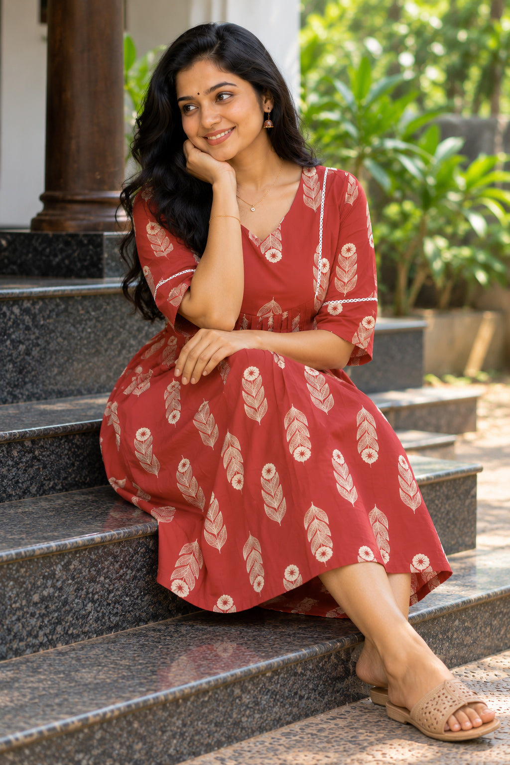 Rust-Red Printed A-line Kurti Top