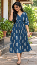 Navy Blue  Printed A-line Kurti Top