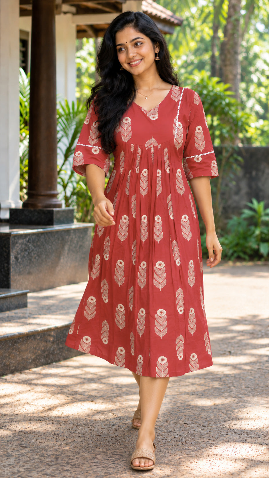 Rust-Red Printed A-line Kurti Top